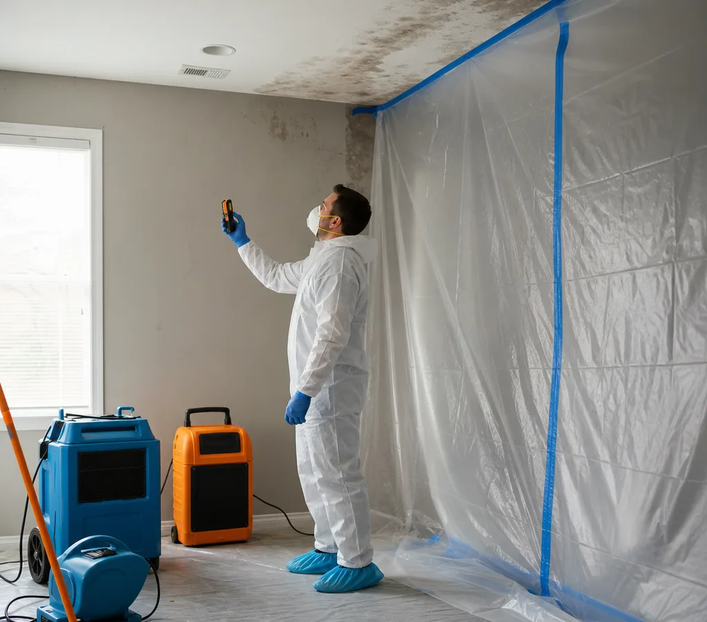 Technician in protective gear inspecting moisture staining and preparing containment for mold remediation