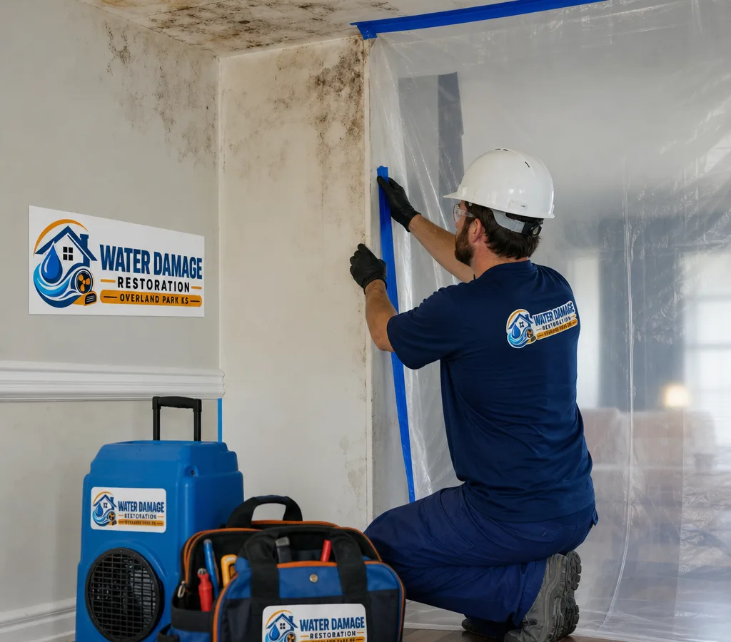 Technician in protective gear inspecting moisture staining and preparing containment for mold remediation