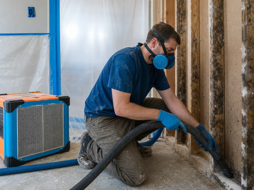 Contained mold remediation work area with a HEPA air scrubber and technician cleaning exposed studs