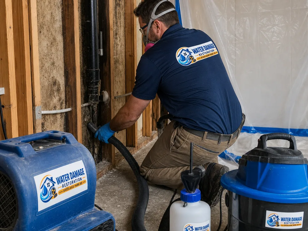 Contained mold remediation work area with a HEPA air scrubber and technician cleaning exposed studs
