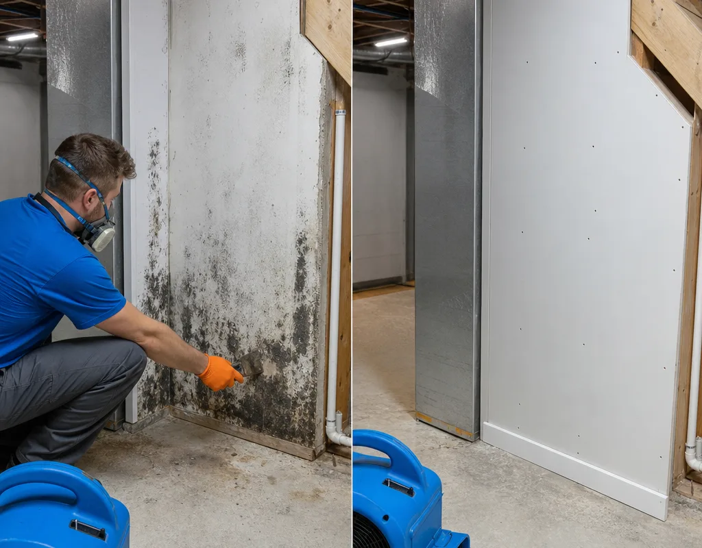 Before and after view of mold-affected basement drywall followed by removal, cleaning, and replacement drywall