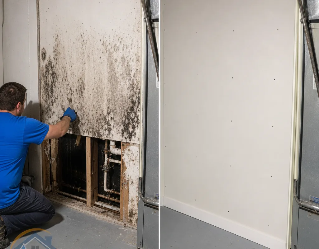 Before and after view of mold-affected basement drywall followed by removal, cleaning, and replacement drywall