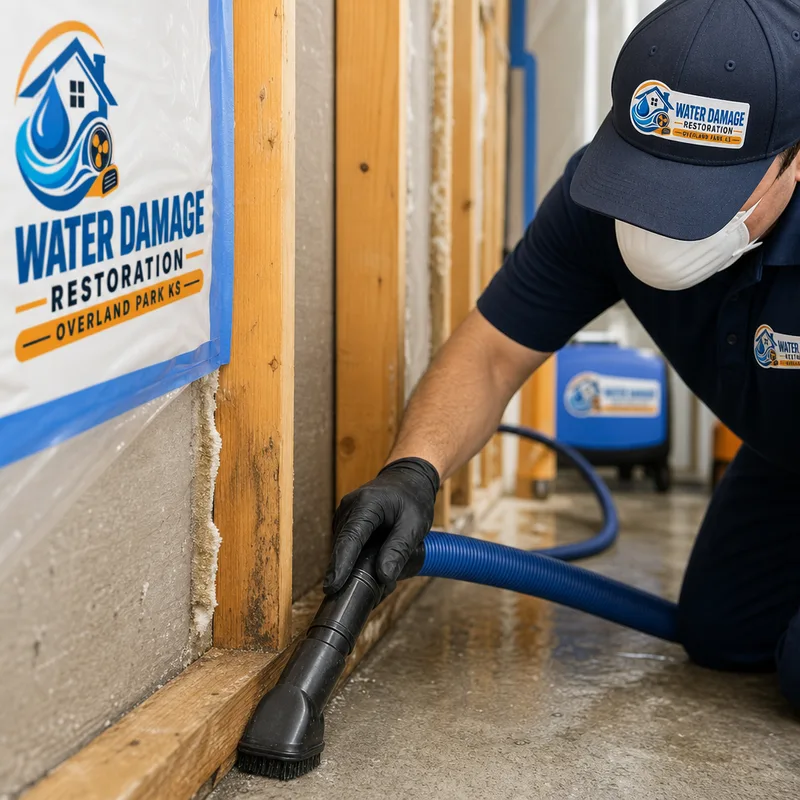Technician HEPA vacuuming exposed wall studs and sill plate after drywall removal
