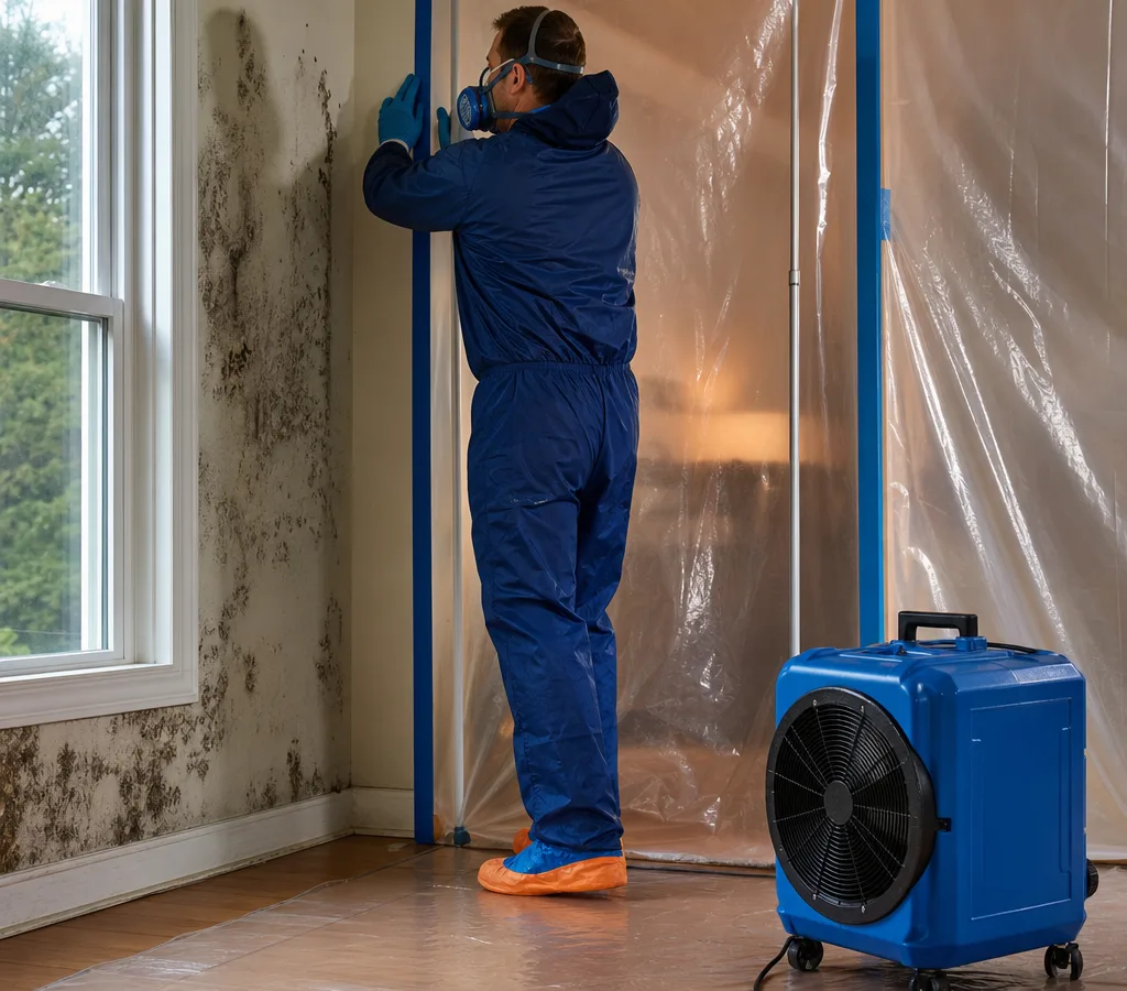 Technician in protective gear setting up containment and a negative air machine during residential mold removal