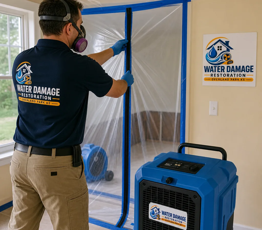 Technician in protective gear setting up containment and a negative air machine during residential mold removal