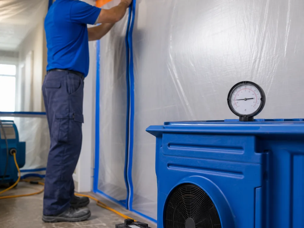 Negative air machine with HEPA filtration and pressure gauge operating inside a contained mold work area