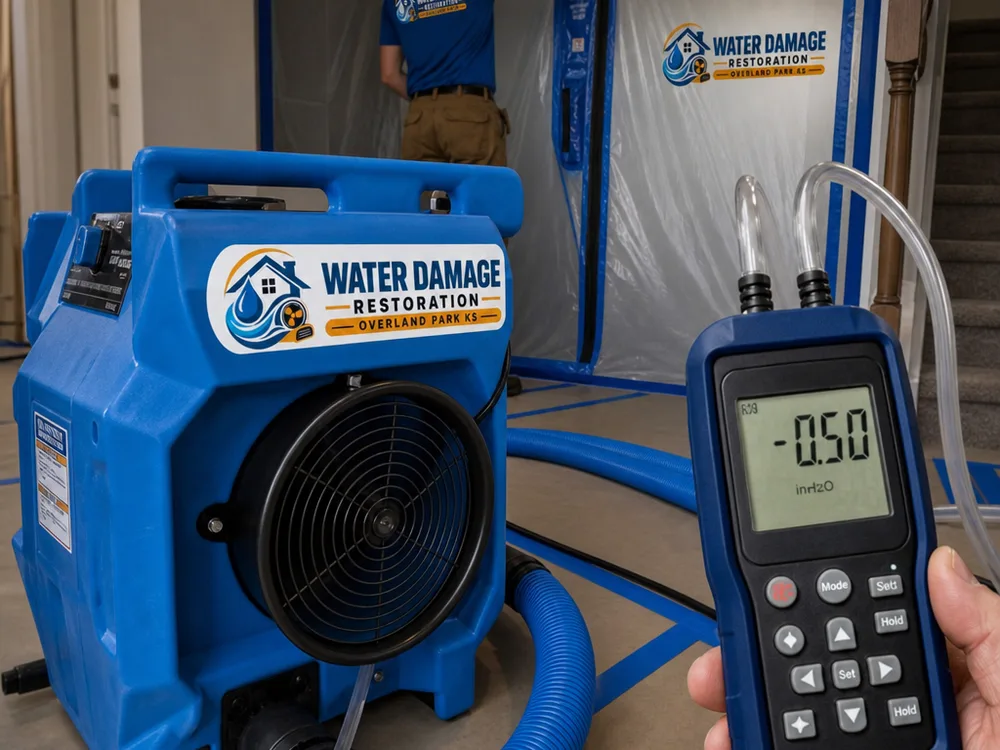 Negative air machine with HEPA filtration and pressure gauge operating inside a contained mold work area