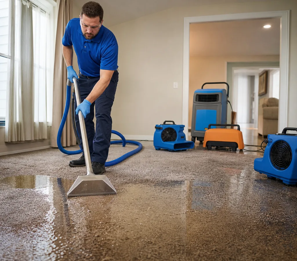 Technician using a water extraction wand on flooded residential carpet with drying equipment nearby