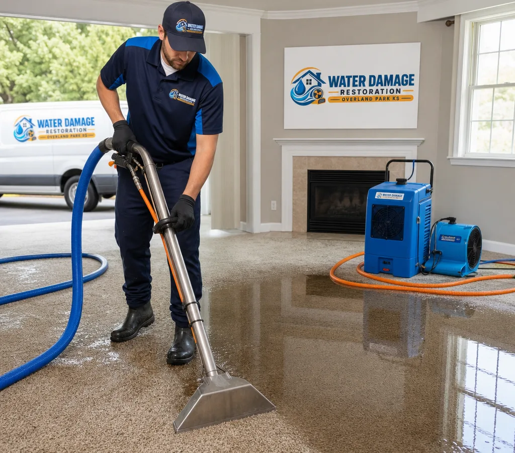 Technician using a water extraction wand on flooded residential carpet with drying equipment nearby