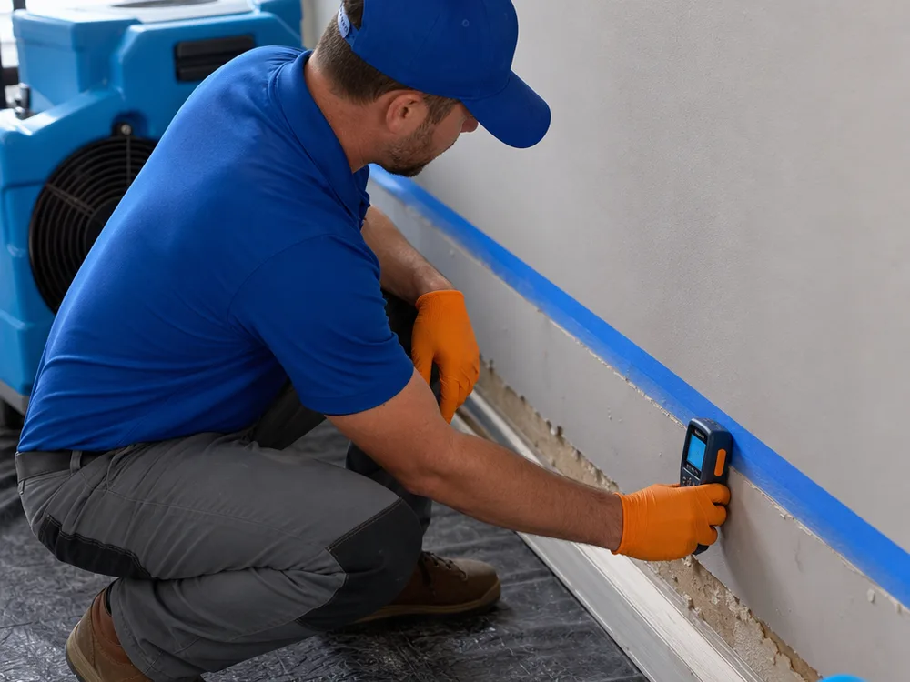Moisture meter checking drywall near a marked water line and baseboard