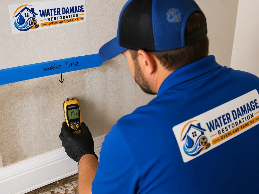 Moisture meter checking drywall near a marked water line and baseboard
