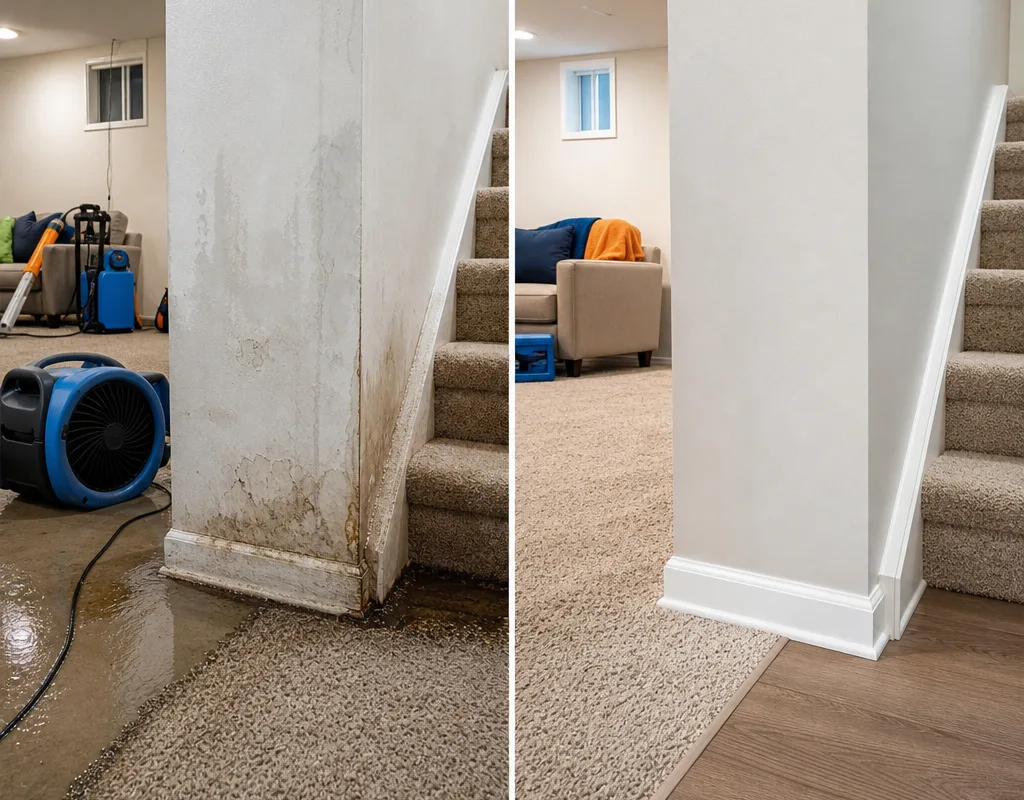 Before and after basement water damage repair showing stained baseboards and wet carpet followed by repaired drywall and restored finishes