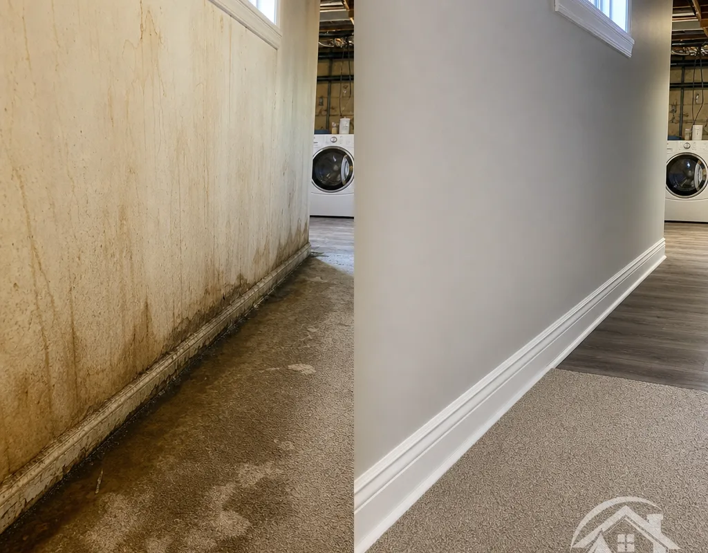 Before and after basement water damage repair showing stained baseboards and wet carpet followed by repaired drywall and restored finishes