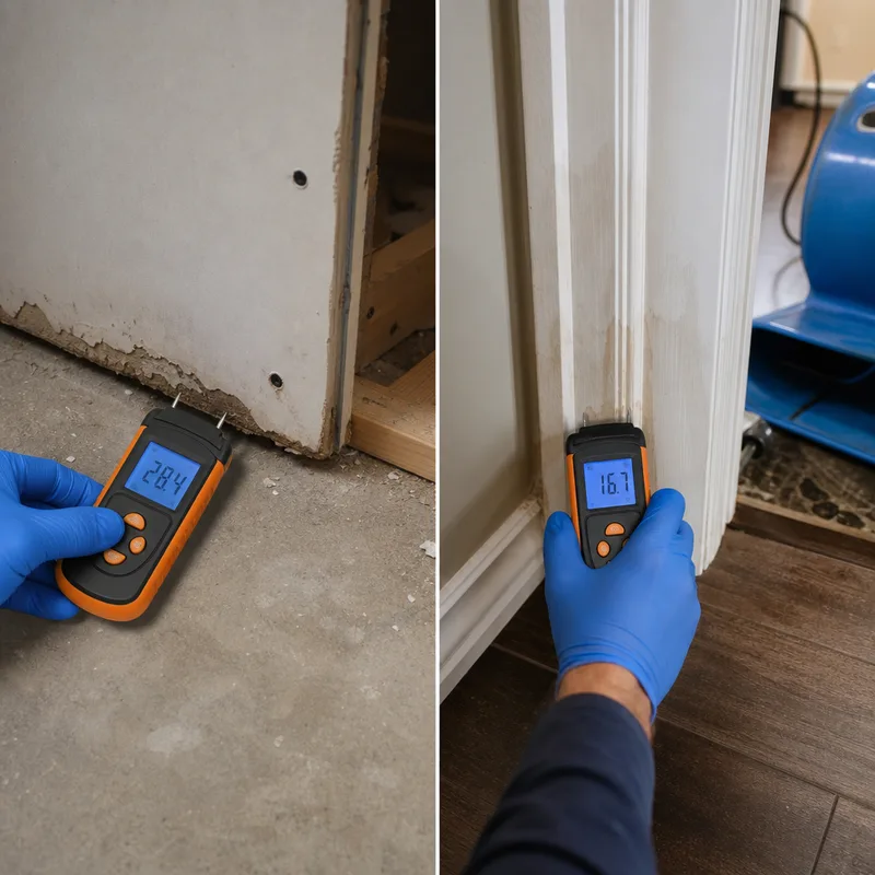 Moisture meter reading at the bottom of drywall and along a door casing during a water damage inspection