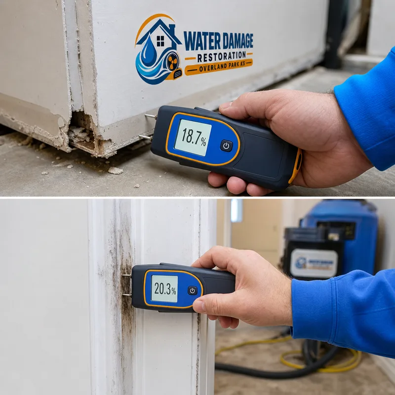 Moisture meter reading at the bottom of drywall and along a door casing during a water damage inspection