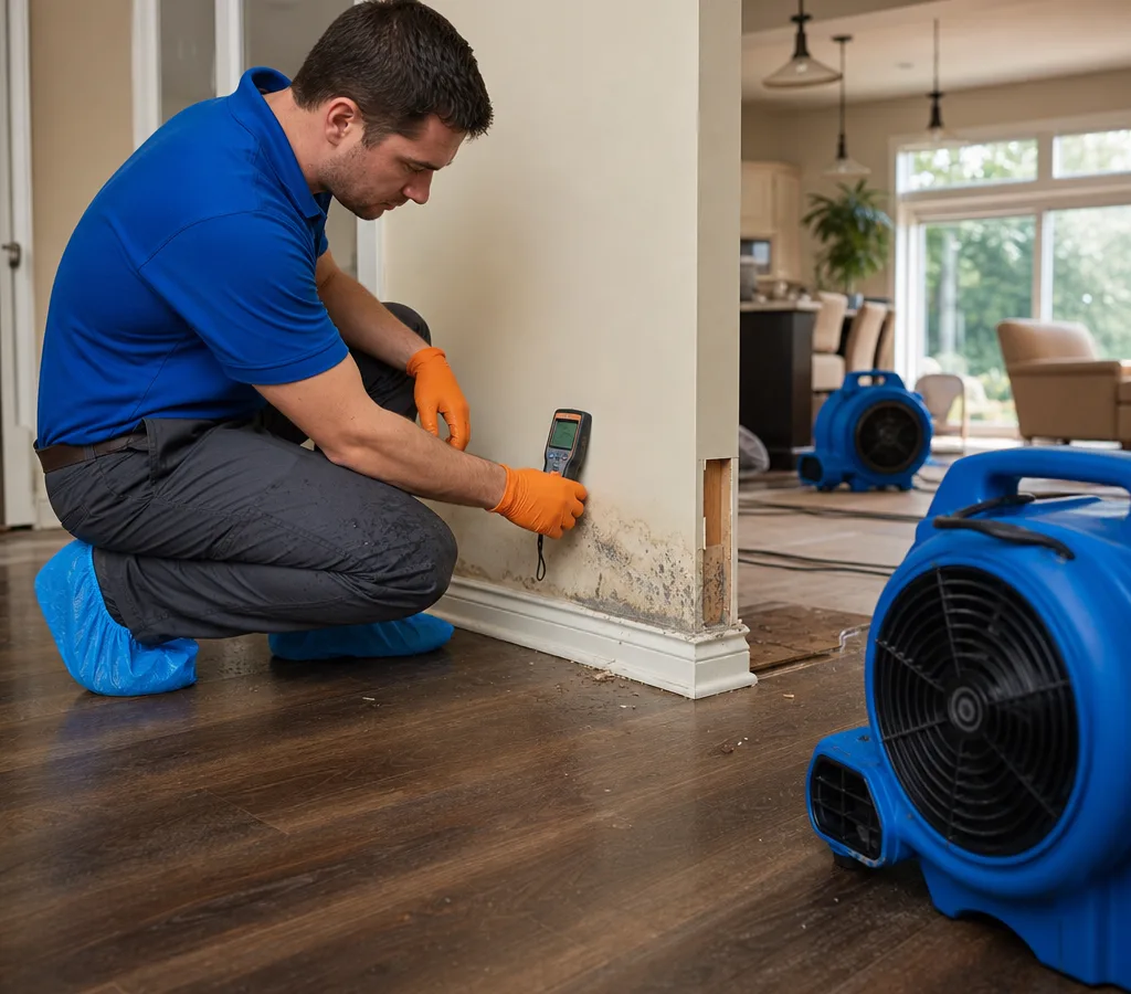 Technician in protective gear using a moisture meter near a baseboard with air movers running during water damage repair