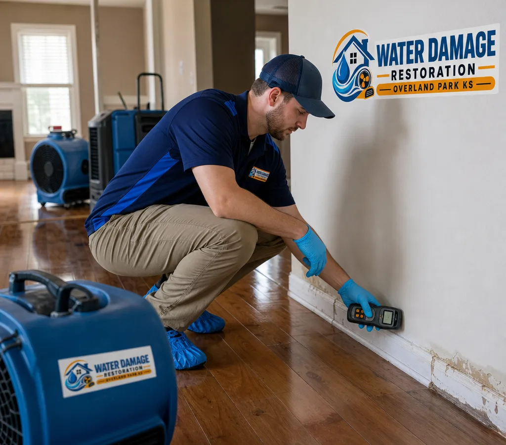 Technician in protective gear using a moisture meter near a baseboard with air movers running during water damage repair