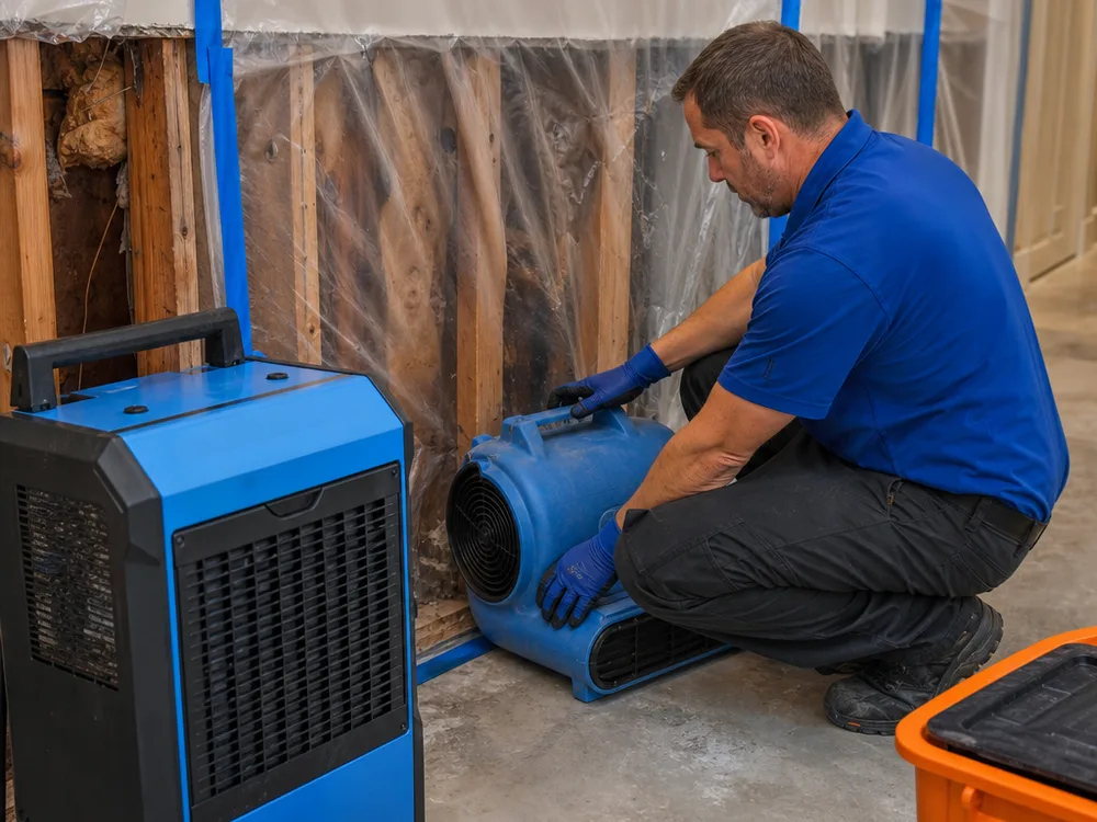 Commercial dehumidifier and air mover setup with containment beside an opened wall cavity during structural drying