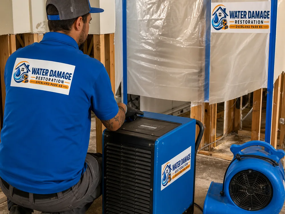 Commercial dehumidifier and air mover setup with containment beside an opened wall cavity during structural drying