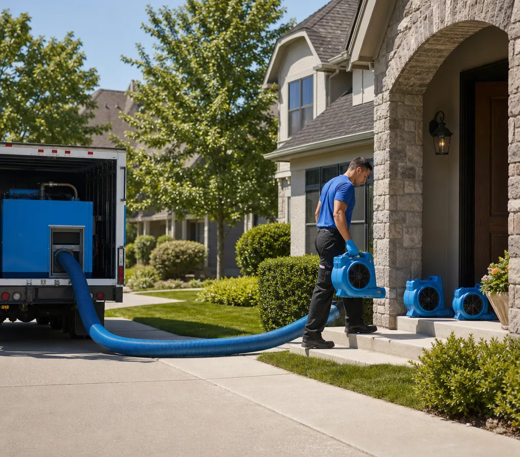 Technician using extraction equipment and placing air movers at an Overland Park home after water damage