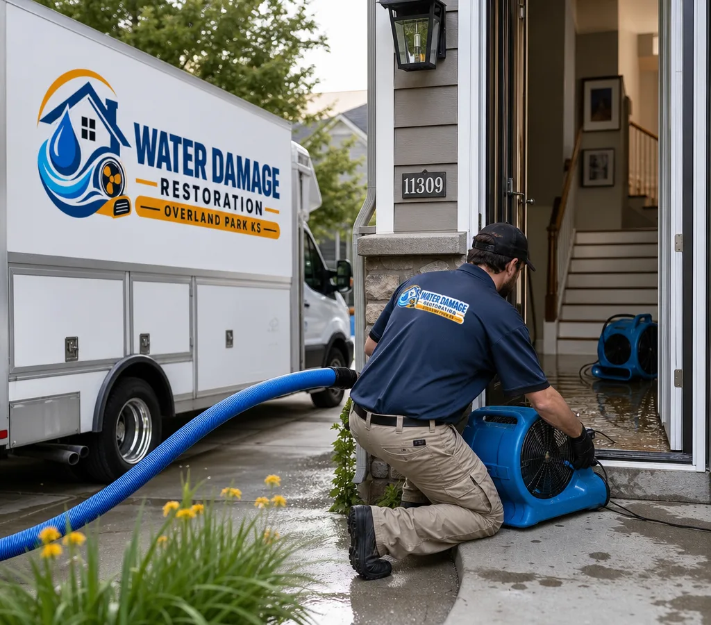 Technician using extraction equipment and placing air movers at an Overland Park home after water damage