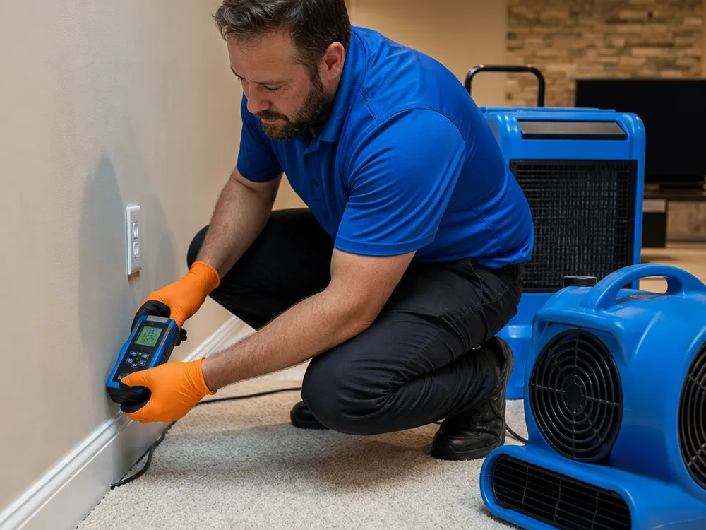 Moisture meter checking baseboard and drywall beside drying equipment in a finished basement