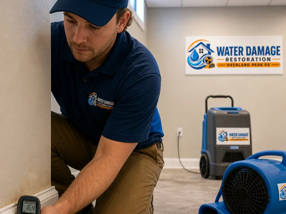 Moisture meter checking baseboard and drywall beside drying equipment in a finished basement