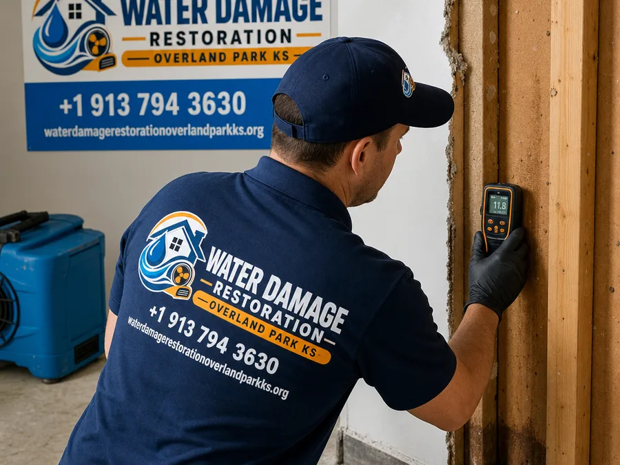 Technician using a moisture meter on drywall and framing before reconstruction