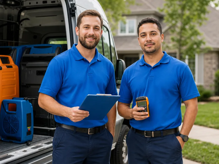 Two restoration technicians with a clipboard and moisture meter beside a work van at a residential property
