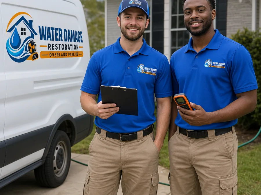 Two restoration technicians with a clipboard and moisture meter beside a work van at a residential property